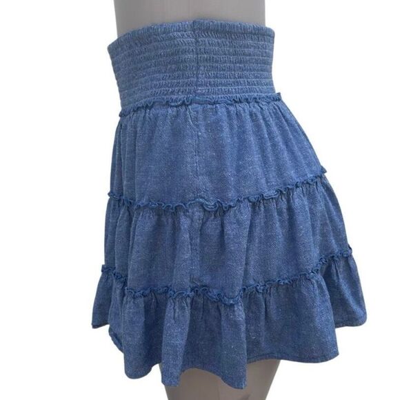 American Eagle Mini Skirt Women's Medium Blue Chambray Linen Blend Ruffle Tiered - Picture 5 of 10